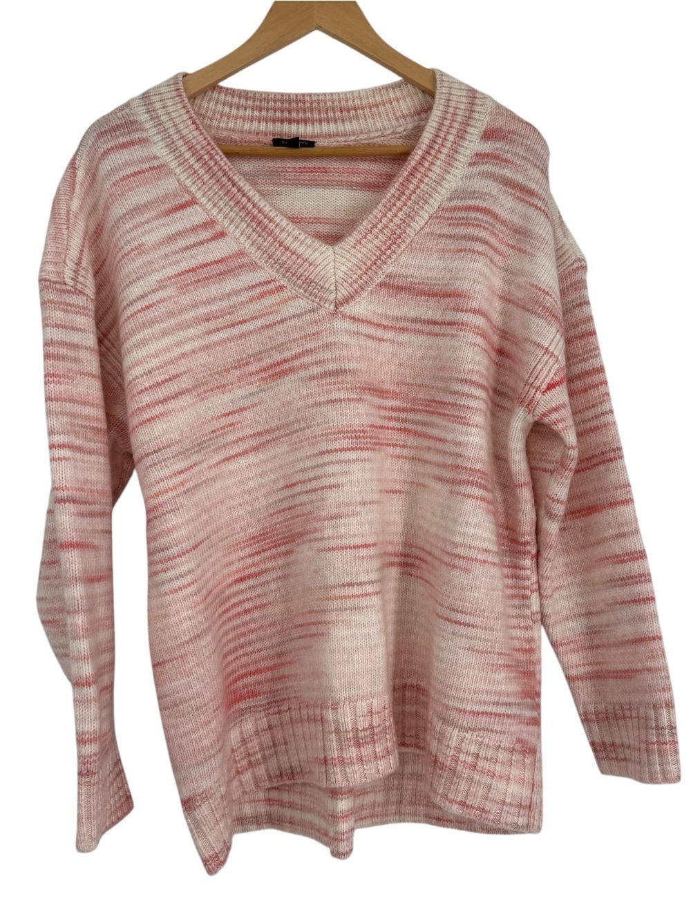 Talbots Petite Womens XL Pink White Striped V-Neck Pullover Sweater Space Dye